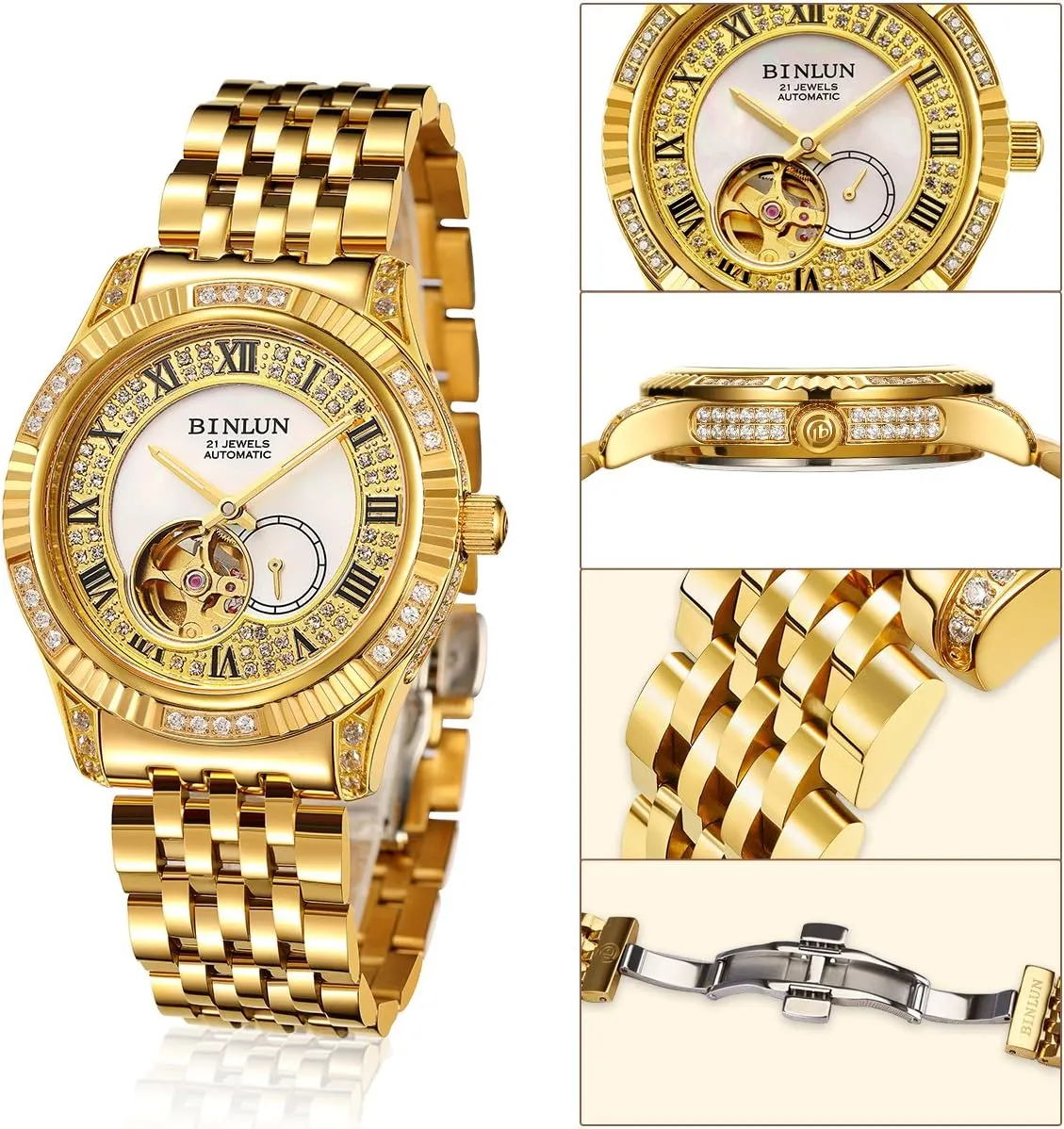 BINLUN Men Wrist Watch Automatic Mechanical Gold Watch Self-Winding Stylish Men's Watches 18K Gold-Plated Luxury Wrist Watches for Men