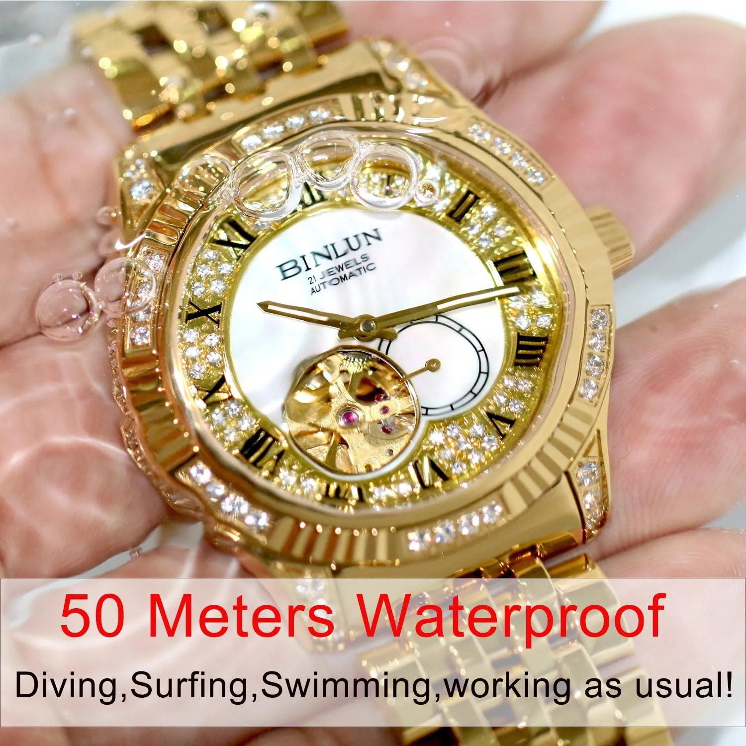 BINLUN Men Wrist Watch Automatic Mechanical Gold Watch Self-Winding Stylish Men's Watches 18K Gold-Plated Luxury Wrist Watches for Men