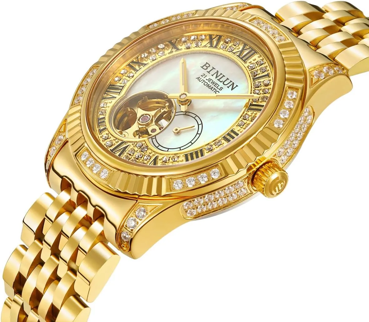 BINLUN Men Wrist Watch Automatic Mechanical Gold Watch Self-Winding Stylish Men's Watches 18K Gold-Plated Luxury Wrist Watches for Men