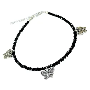 Black Bead Crystal Charm Anklet Bracelet Handmade Simple Summer Beach Waterproof Handmade Ankle Foot Chain Bracelets Handmade for Women Minimalist Jewelry Adjustable (3 Butterfly Charm)