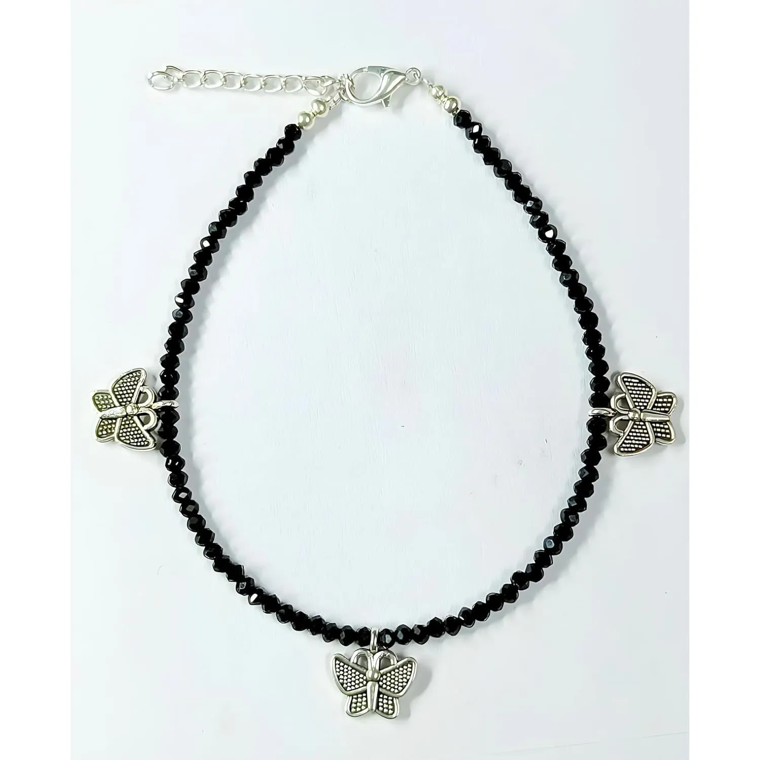 Black Bead Crystal Charm Anklet Bracelet Handmade Simple Summer Beach Waterproof Handmade Ankle Foot Chain Bracelets Handmade for Women Minimalist Jewelry Adjustable (3 Butterfly Charm)