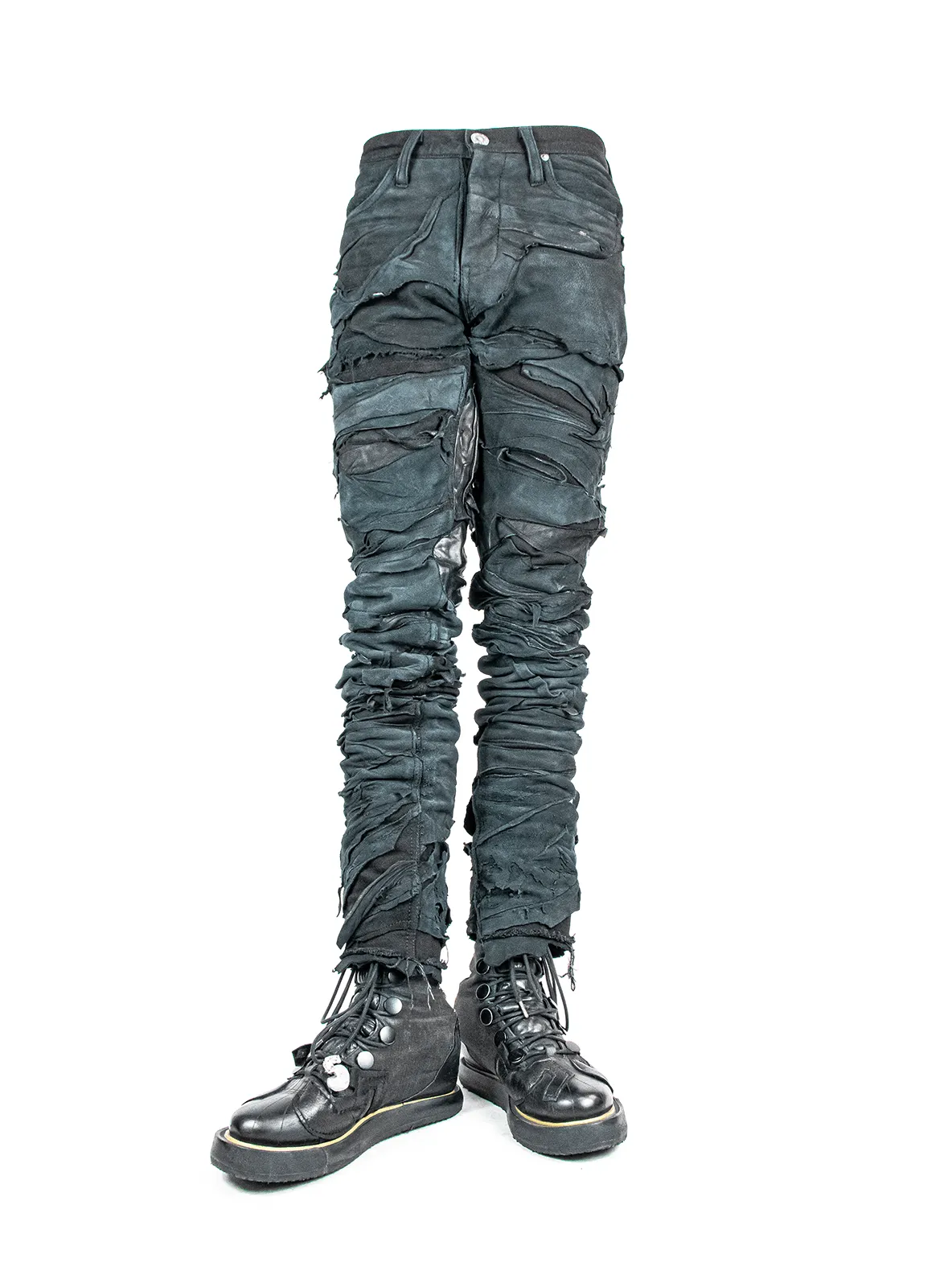 BLACK LAYERED LEATHER DENIM SLIM