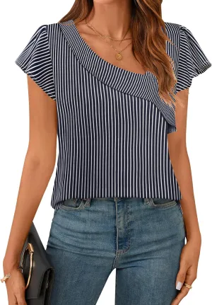 BMJL Womens Dressy Casual Blouses Asymmetrical V Neck Business Work Tops Ruffle Sleeve Summer Shirts