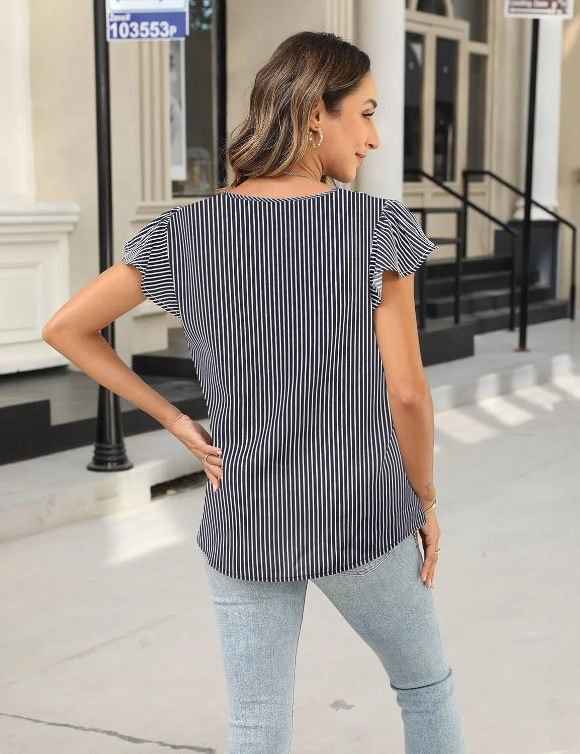 BMJL Womens Dressy Casual Blouses Asymmetrical V Neck Business Work Tops Ruffle Sleeve Summer Shirts