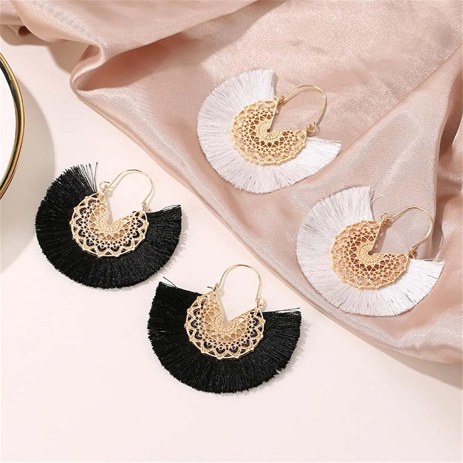 Bohemian Earrings for Women Vintage Silver Filigree Hoop Earrings Tribal Floral Gypsy Lightweight Metallic Statement Earrings Boho Summer Beach Jewelry