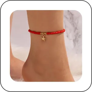 Bohemian Starfish Anklet Red Bead Chain Anklet Gold Tiny Starfish Dangle Anklet Bracelet Red Rice Bead Anklet Foot Chain Jewellery for Women