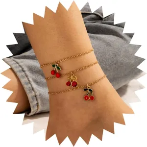 Boho Gold Ankle Bracelets Rhinestone Cherry Charms Anklets Layered Diamond CZ Fruit Cherry Ankle Chain Cute Anklets Set Summer Beach Foot Jewelry for Women