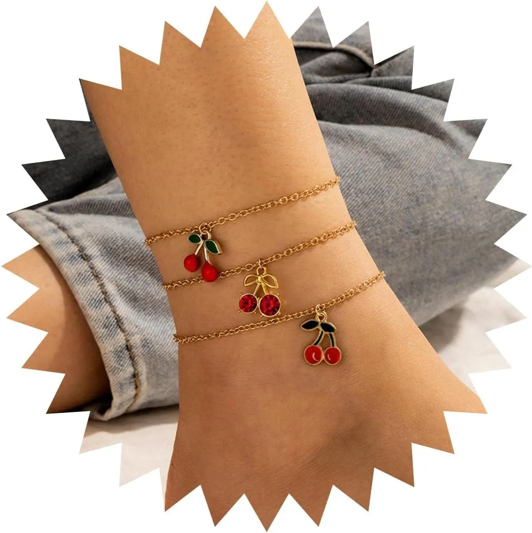Boho Gold Ankle Bracelets Rhinestone Cherry Charms Anklets Layered Diamond CZ Fruit Cherry Ankle Chain Cute Anklets Set Summer Beach Foot Jewelry for Women