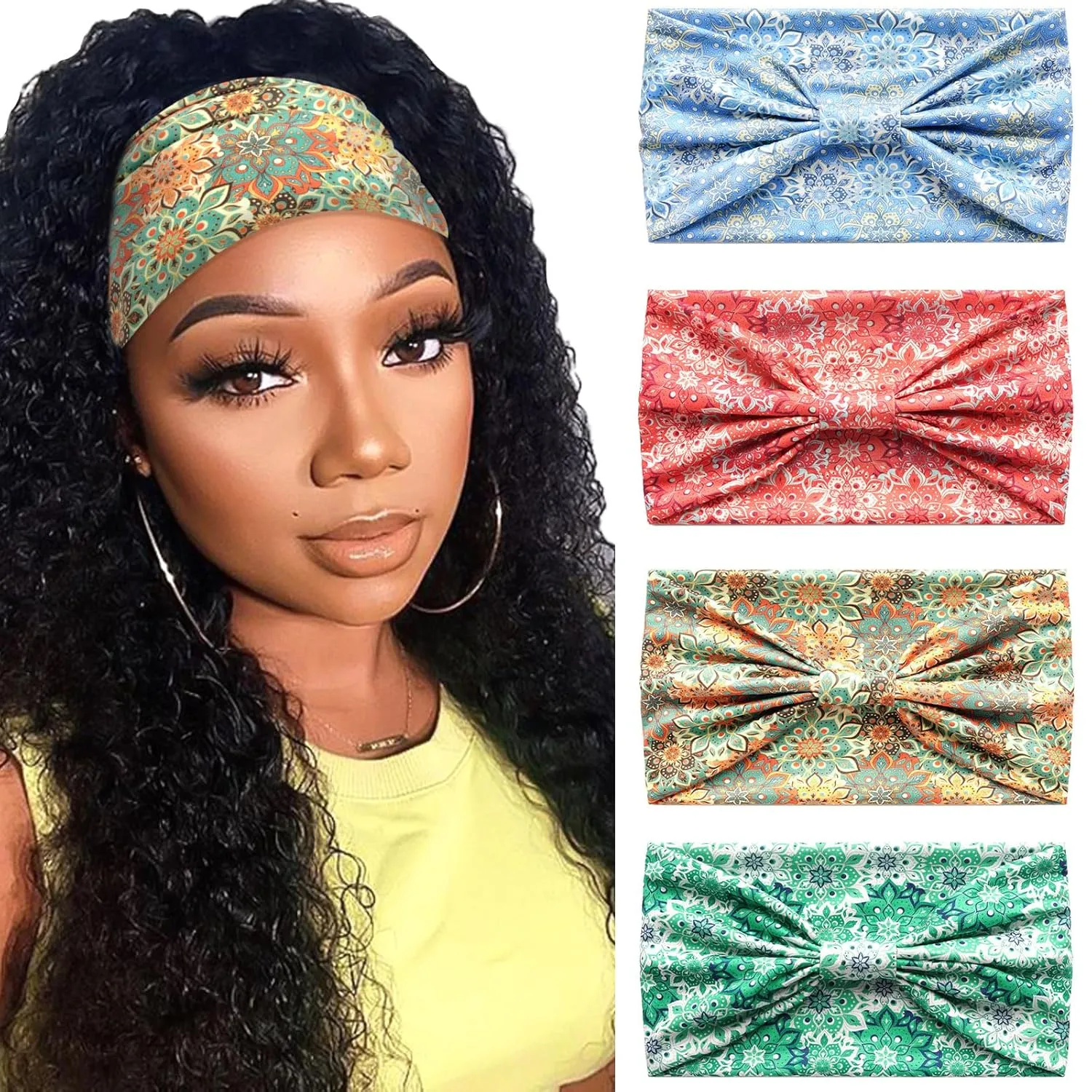 Boho Headbands for Women Floral Pattern Wide Head Bands Stretchy Non Slip Hair Bands for Women's Hair African Cloth Bandanas for Women Yoga Workout Head Wraps Accessories 4 Pack
