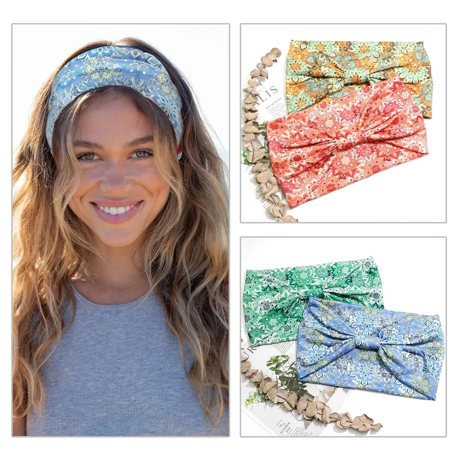 Boho Headbands for Women Floral Pattern Wide Head Bands Stretchy Non Slip Hair Bands for Women's Hair African Cloth Bandanas for Women Yoga Workout Head Wraps Accessories 4 Pack