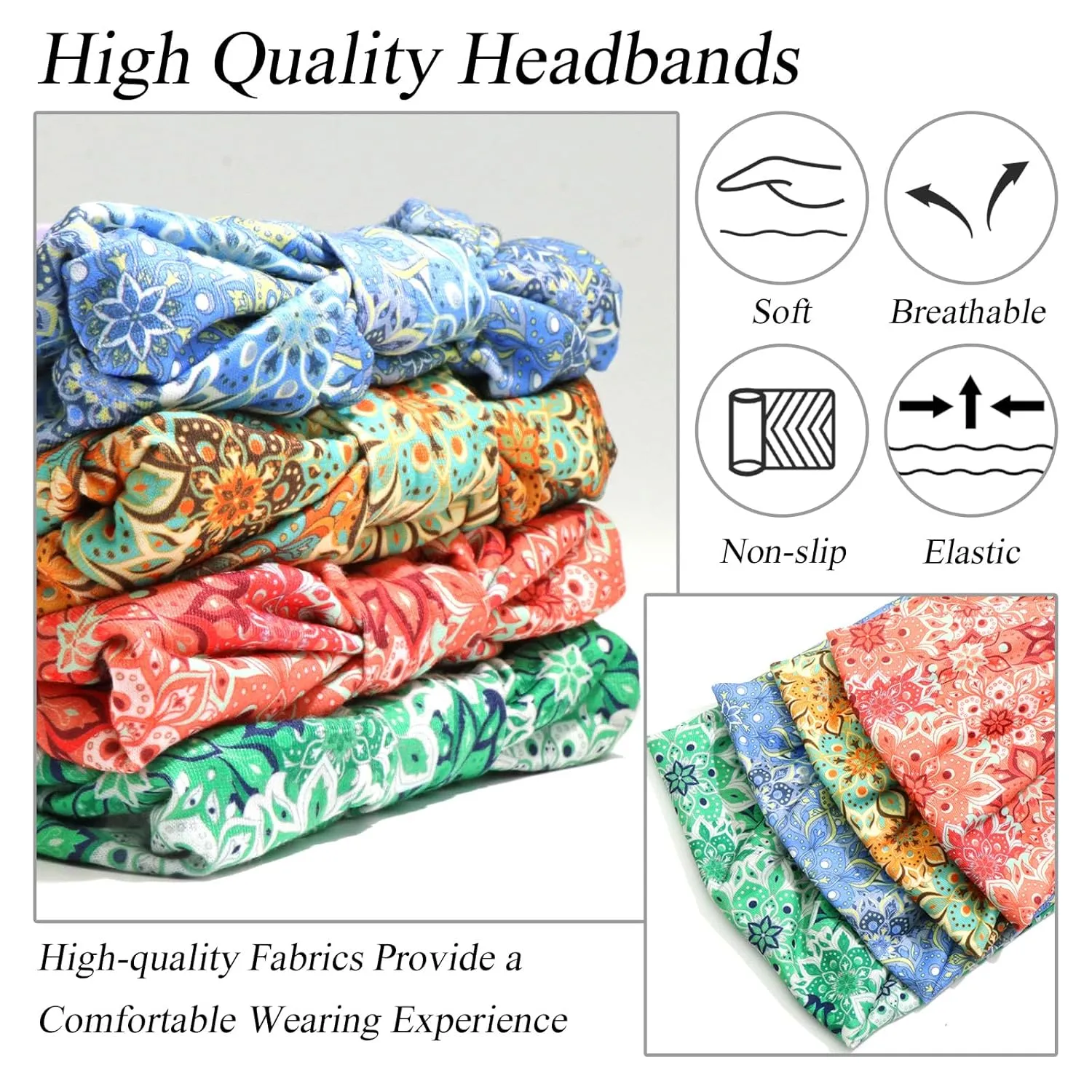 Boho Headbands for Women Floral Pattern Wide Head Bands Stretchy Non Slip Hair Bands for Women's Hair African Cloth Bandanas for Women Yoga Workout Head Wraps Accessories 4 Pack