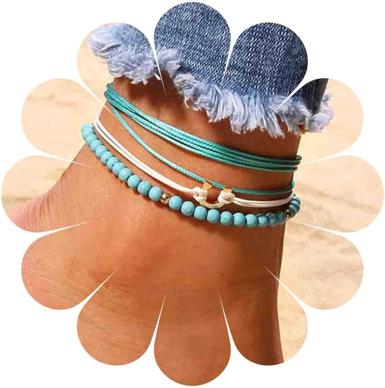 Boho Turquoise Bead Ankle Bracelet Layered Blue Wax Anklet Multi String Rope Anklets Summer Vintage Waterproof Ankle Chain Beach Foot Jewelry for Women