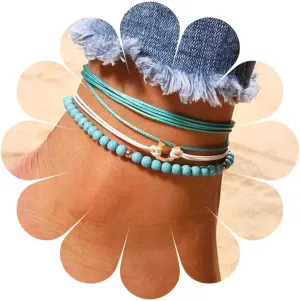 Boho Turquoise Bead Ankle Bracelet Layered Blue Wax Anklet Multi String Rope Anklets Summer Vintage Waterproof Ankle Chain Beach Foot Jewelry for Women