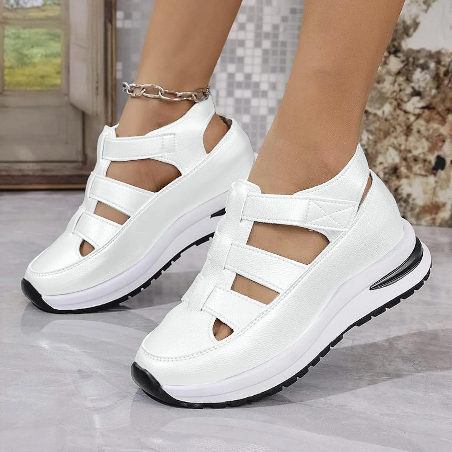 Bootara Shoes Women Closed Toe Platform Sandals Hollow Out Breathable Wedge Sandals, Summer Comfortable Outdoor Hook and Loop Sneakers Platform Height-Boosting Sandal for Women