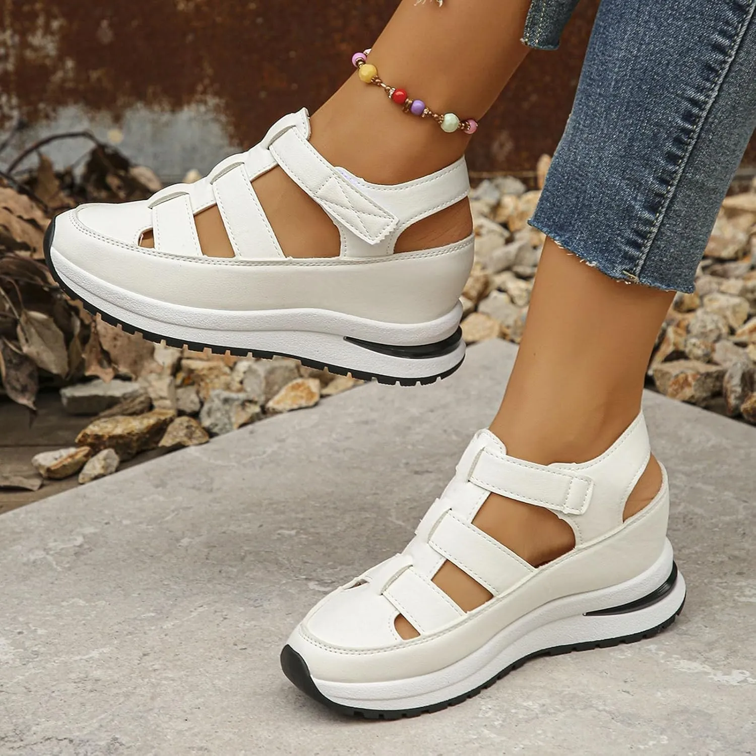 Bootara Shoes Women Closed Toe Platform Sandals Hollow Out Breathable Wedge Sandals, Summer Comfortable Outdoor Hook and Loop Sneakers Platform Height-Boosting Sandal for Women
