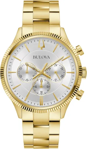 Bulova Men's Classic 6-Hand Chronograph Quartz Gold Stainless Steel Watch, 24 Hour Time, Luminous Hands, 43mm, Style:97A190