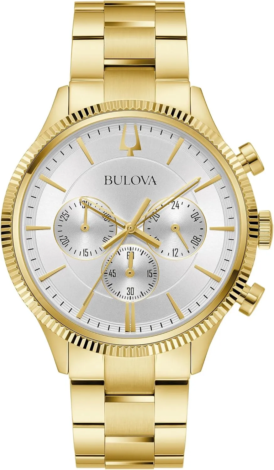 Bulova Men's Classic 6-Hand Chronograph Quartz Gold Stainless Steel Watch, 24 Hour Time, Luminous Hands, 43mm, Style:97A190