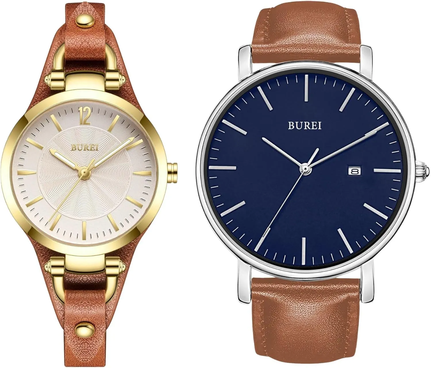BUREI Couple Quartz Watch Simple Leather Strap Watch Waterproof Watches Small Thin Ladies Watch Luxury His and Hers Wristwatch with Brown Gold