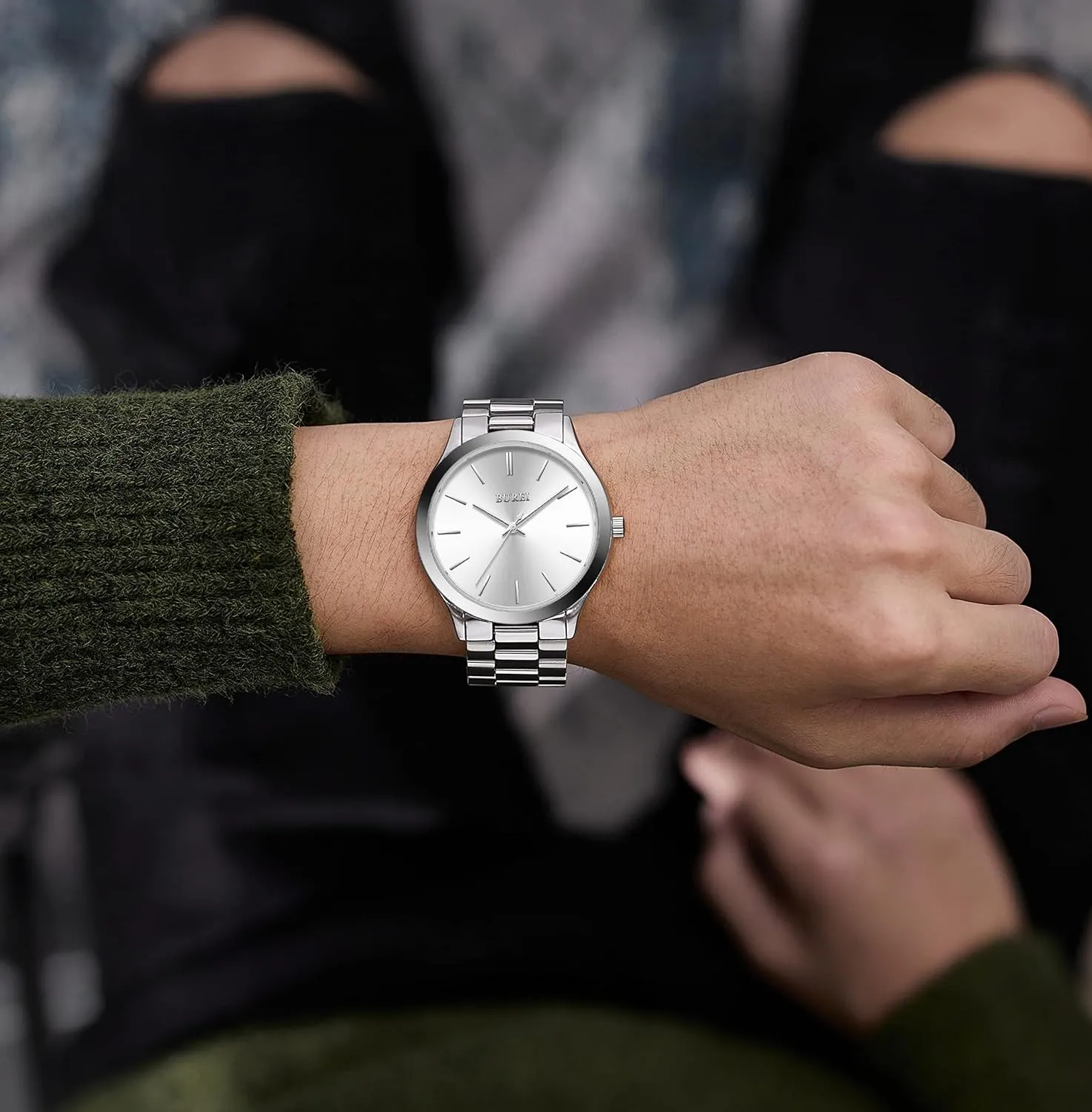 BUREI Men Watches Fashion Analog Stainless Steel Quartz Waterproof Watches,Gift for Men.