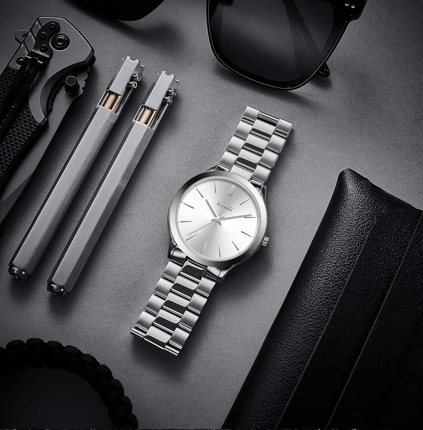 BUREI Men Watches Fashion Stainless Steel Analog Quartz Watches Business Waterproof Wristwatch,Fathers Day Gift for Men
