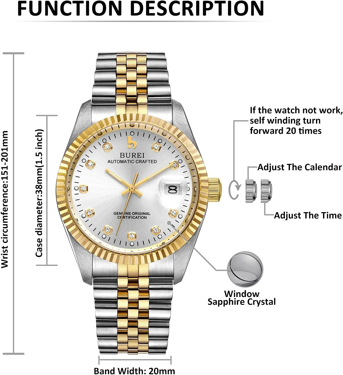 BUREI Men's Automatic Watches Luxury Stainless Steels Waterproof Watches for Men Gifts for Men