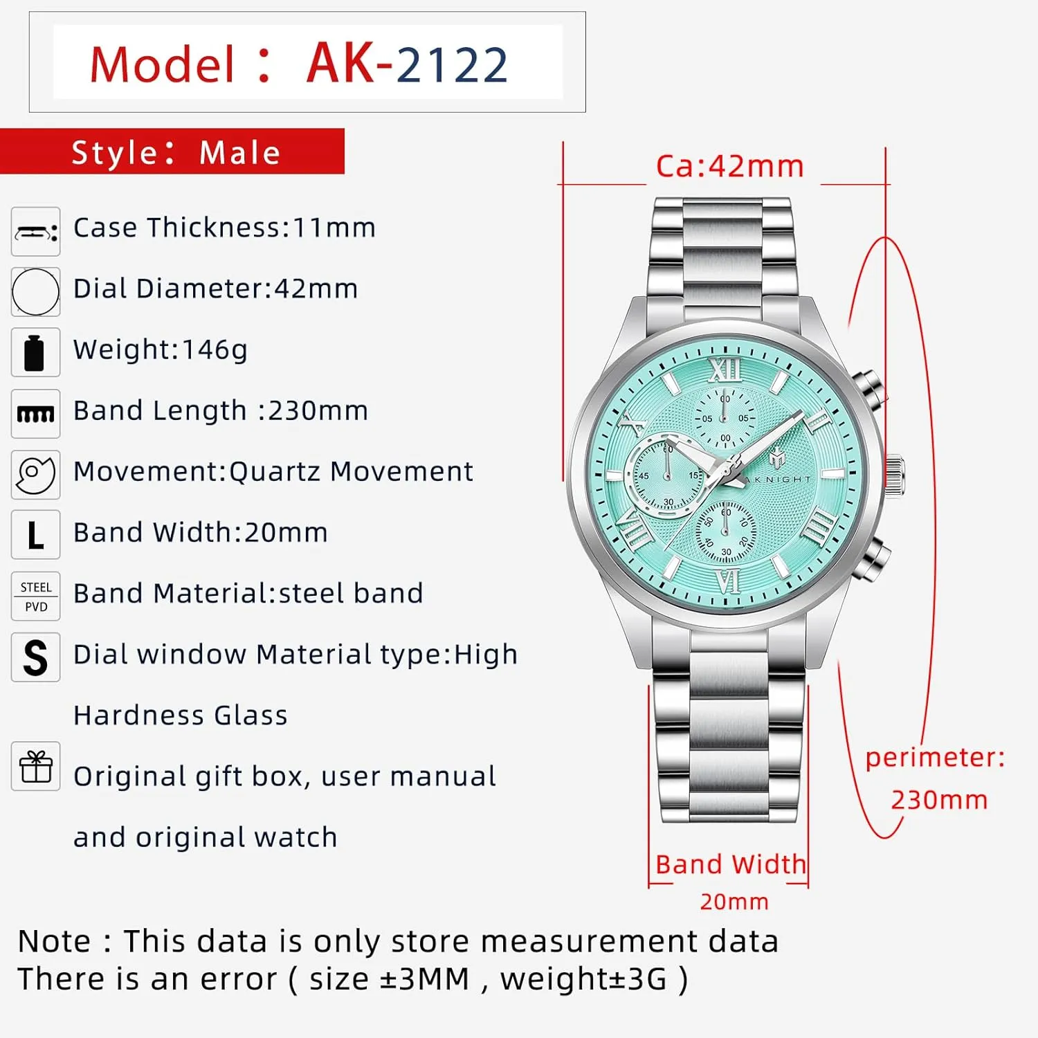 BY BENYAR AKNIGHT Men's Watches Analog Quartz Chronograph Waterproof Luminous Big Face Stainless Steel Strap Watches for Men Colourful Fashion Dress Men's Wrist Watches