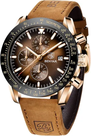 BY BENYAR Mens Watches Analog Quartz Chronograph Waterproof Men's Wrist Watches Business Casual Fashion Classic Designer Elegant Dress Watch with Calendar Leather/Stainless Steel Strap Gifts for Men