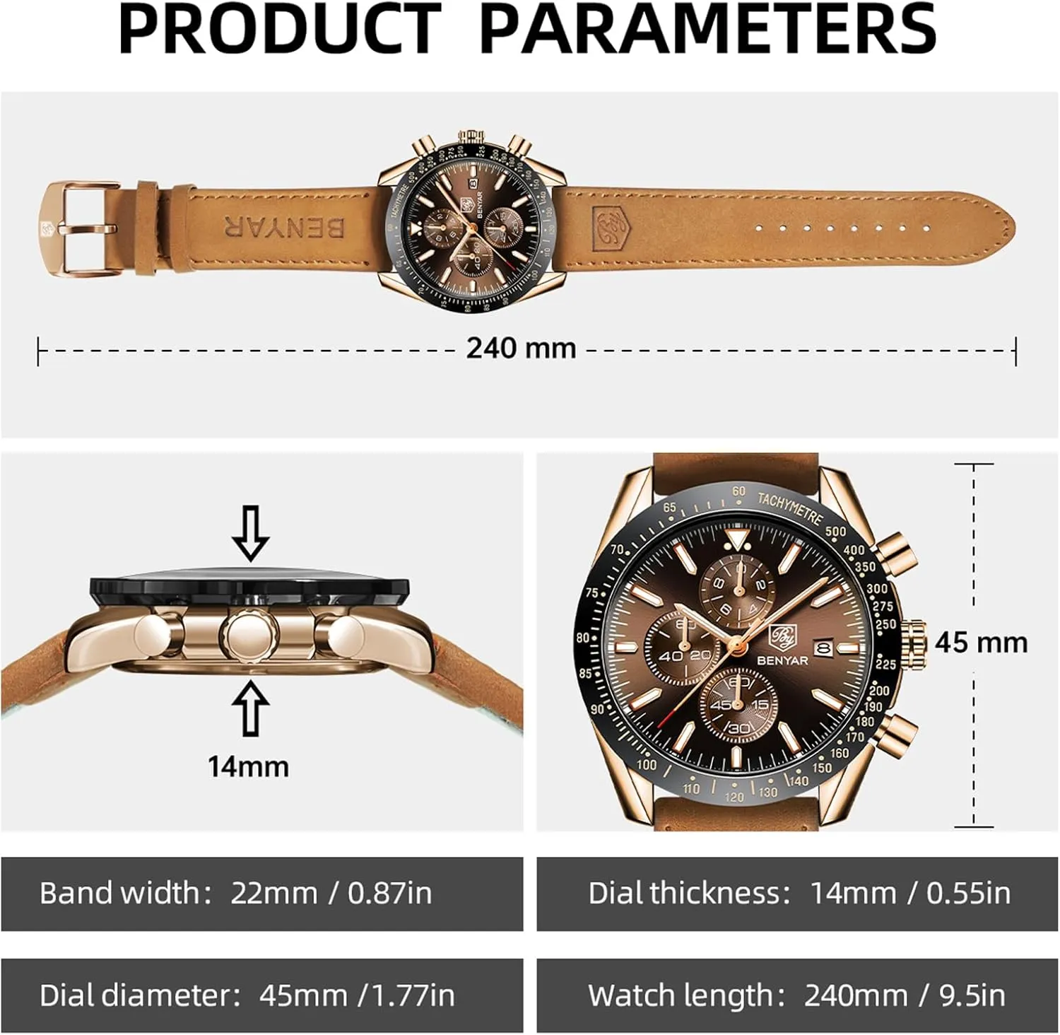 BY BENYAR Mens Watches Analog Quartz Chronograph Waterproof Men's Wrist Watches Business Casual Fashion Classic Designer Elegant Dress Watch with Calendar Leather/Stainless Steel Strap Gifts for Men
