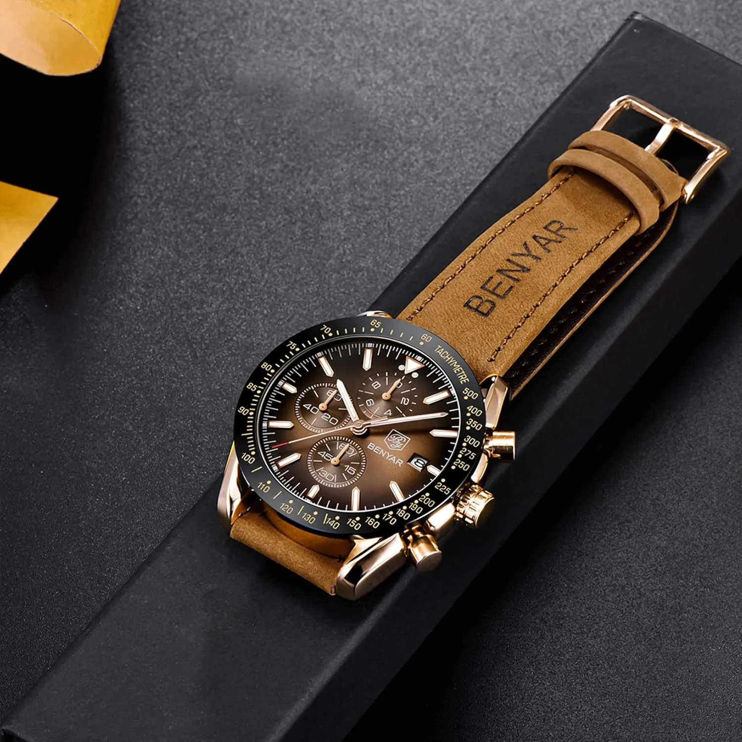 BY BENYAR Mens Watches Analog Quartz Chronograph Waterproof Men's Wrist Watches Business Casual Fashion Classic Designer Elegant Dress Watch with Calendar Leather/Stainless Steel Strap Gifts for Men
