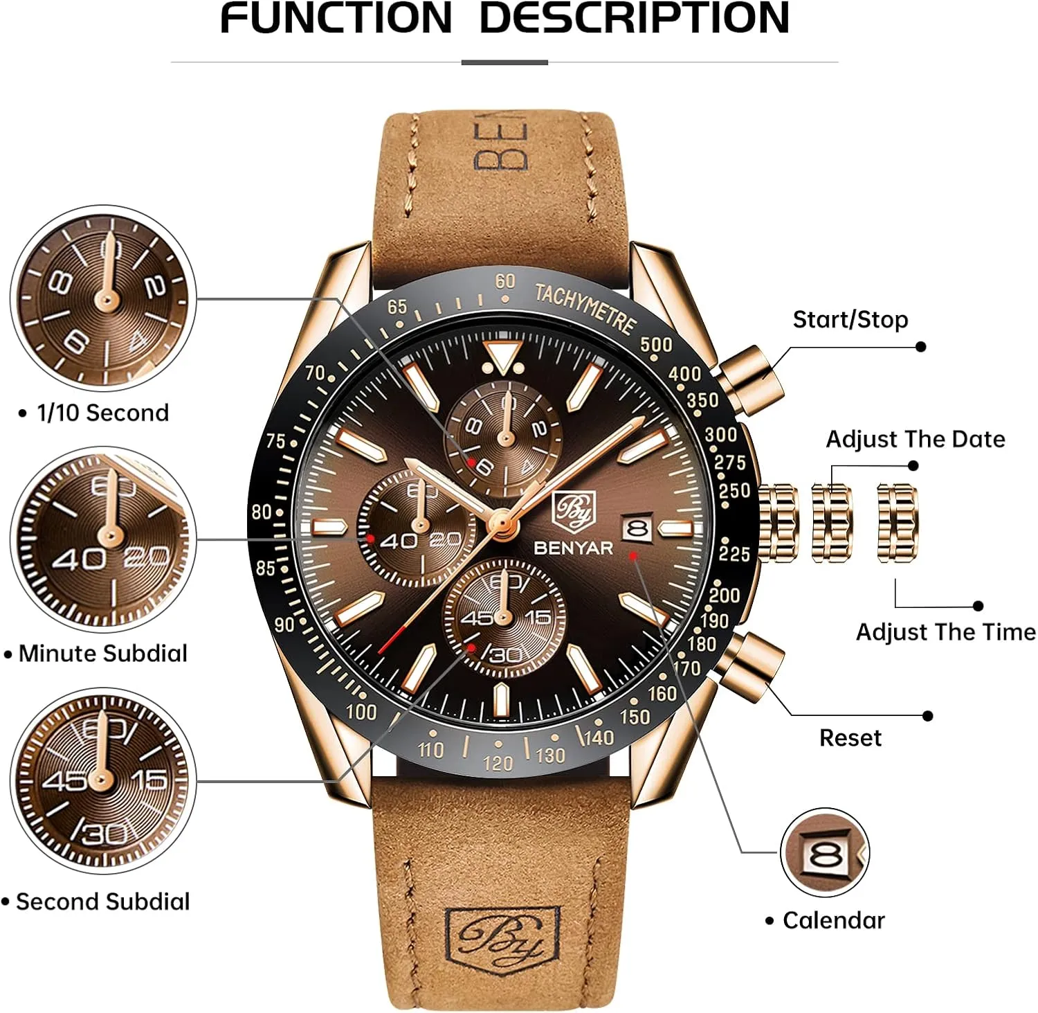 BY BENYAR Mens Watches Analog Quartz Chronograph Waterproof Men's Wrist Watches Business Casual Fashion Classic Designer Elegant Dress Watch with Calendar Leather/Stainless Steel Strap Gifts for Men