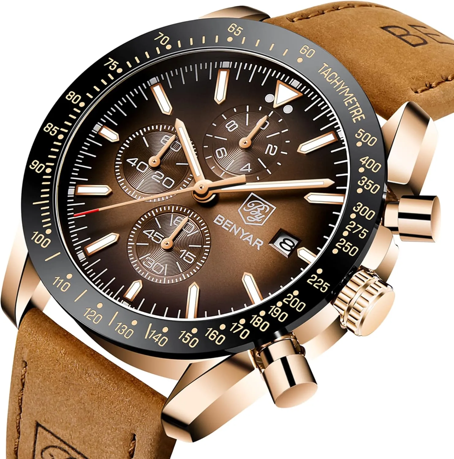 BY BENYAR Mens Watches Analog Quartz Chronograph Waterproof Men's Wrist Watches Business Casual Fashion Classic Designer Elegant Dress Watch with Calendar Leather/Stainless Steel Strap Gifts for Men