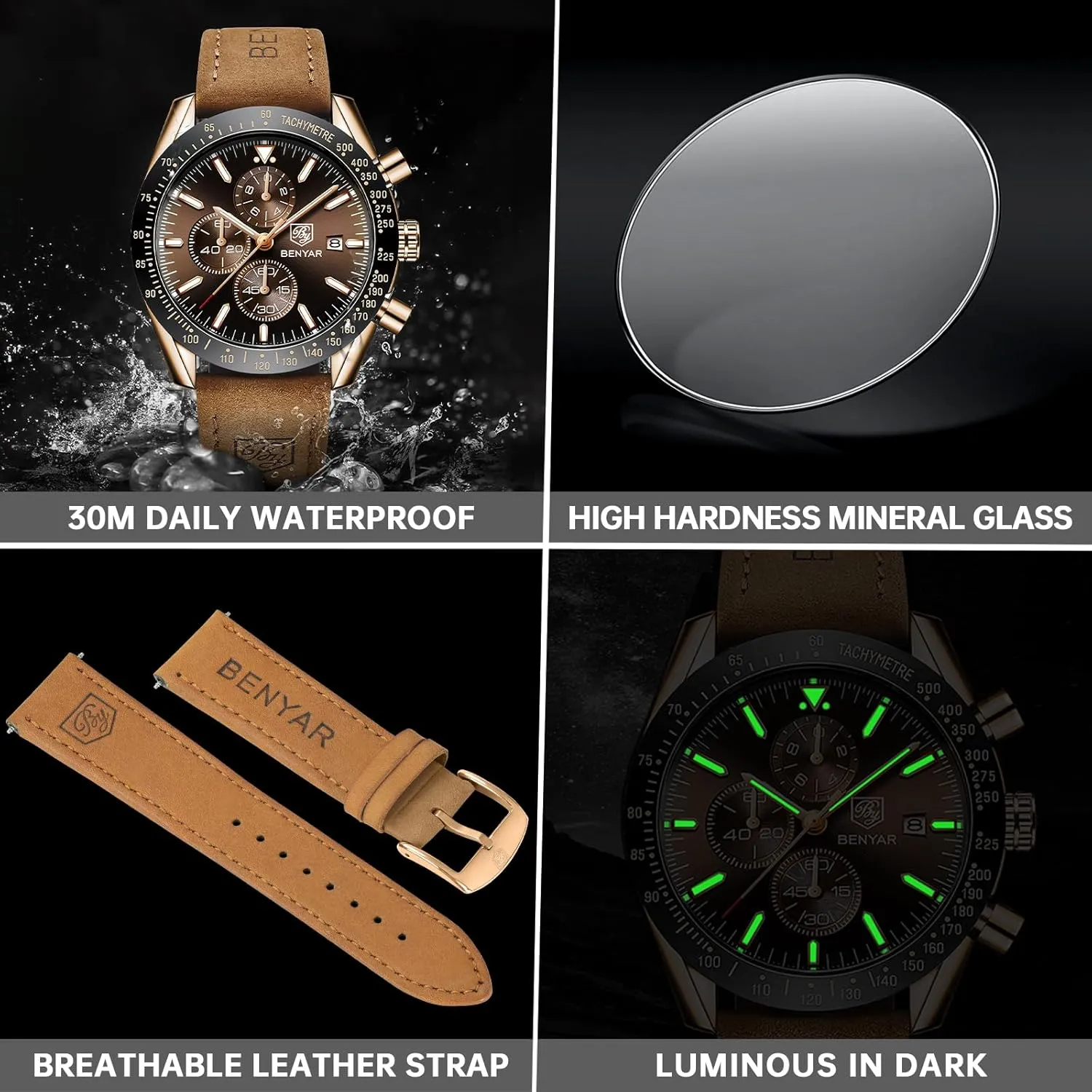 BY BENYAR Mens Watches Analog Quartz Chronograph Waterproof Men's Wrist Watches Business Casual Fashion Classic Designer Elegant Dress Watch with Calendar Leather/Stainless Steel Strap Gifts for Men