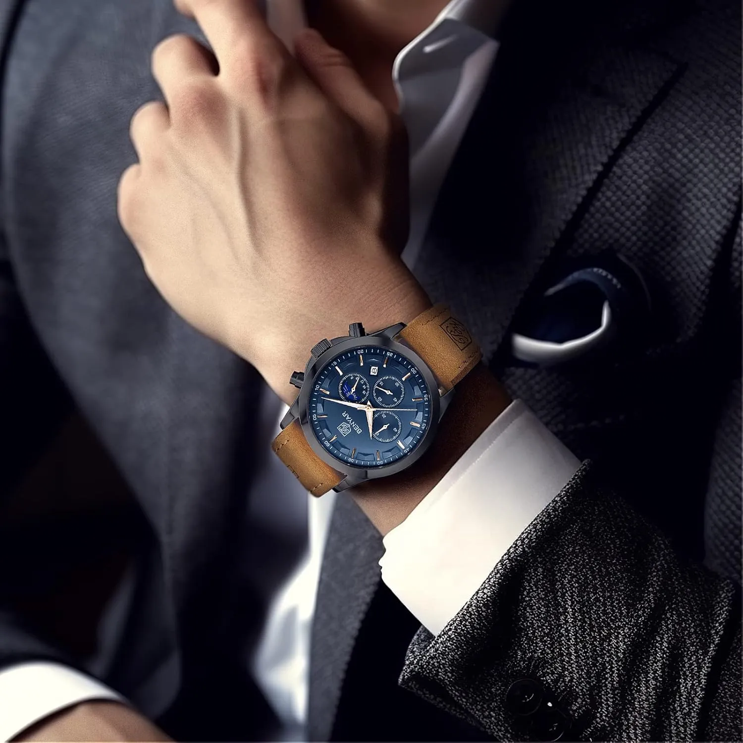 BY BENYAR Mens Watches Analog Quartz Chronograph Waterproof Wrist Watches for Men Fashion Business Work Casual Sport Designer Dress Watch with Calendar Elegant Gifts for Men
