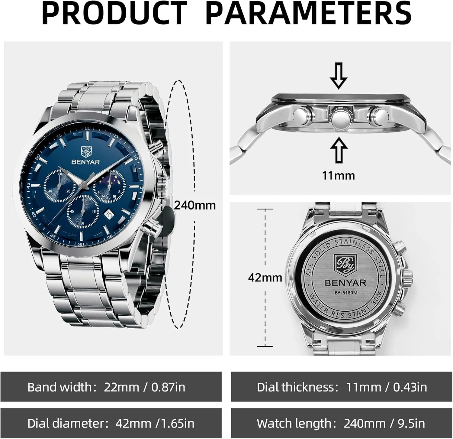 BY BENYAR Mens Watches Analog Quartz Chronograph Waterproof Wrist Watches for Men Fashion Business Work Casual Sport Designer Dress Watch with Calendar Elegant Gifts for Men