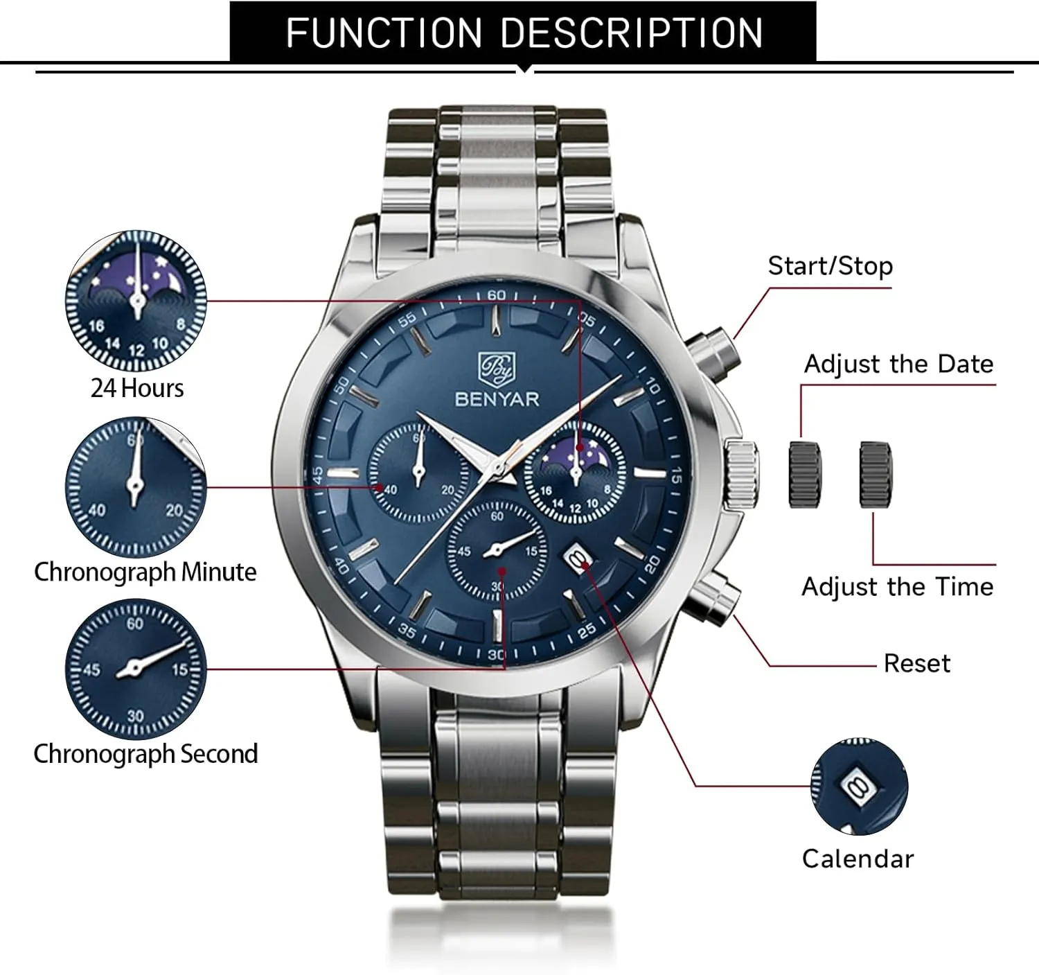 BY BENYAR Mens Watches Analog Quartz Chronograph Waterproof Wrist Watches for Men Fashion Business Work Casual Sport Designer Dress Watch with Calendar Elegant Gifts for Men