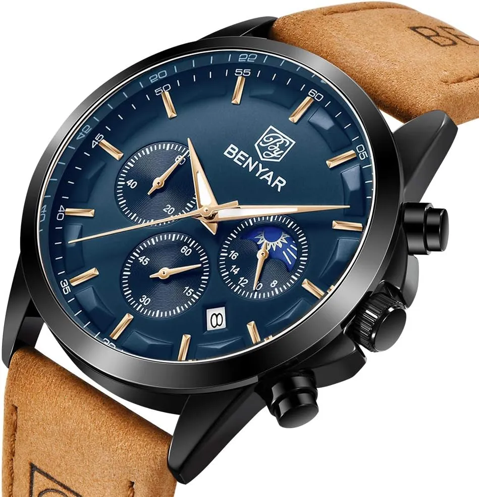 BY BENYAR Mens Watches Analog Quartz Chronograph Waterproof Wrist Watches for Men Fashion Business Work Casual Sport Designer Dress Watch with Calendar Elegant Gifts for Men