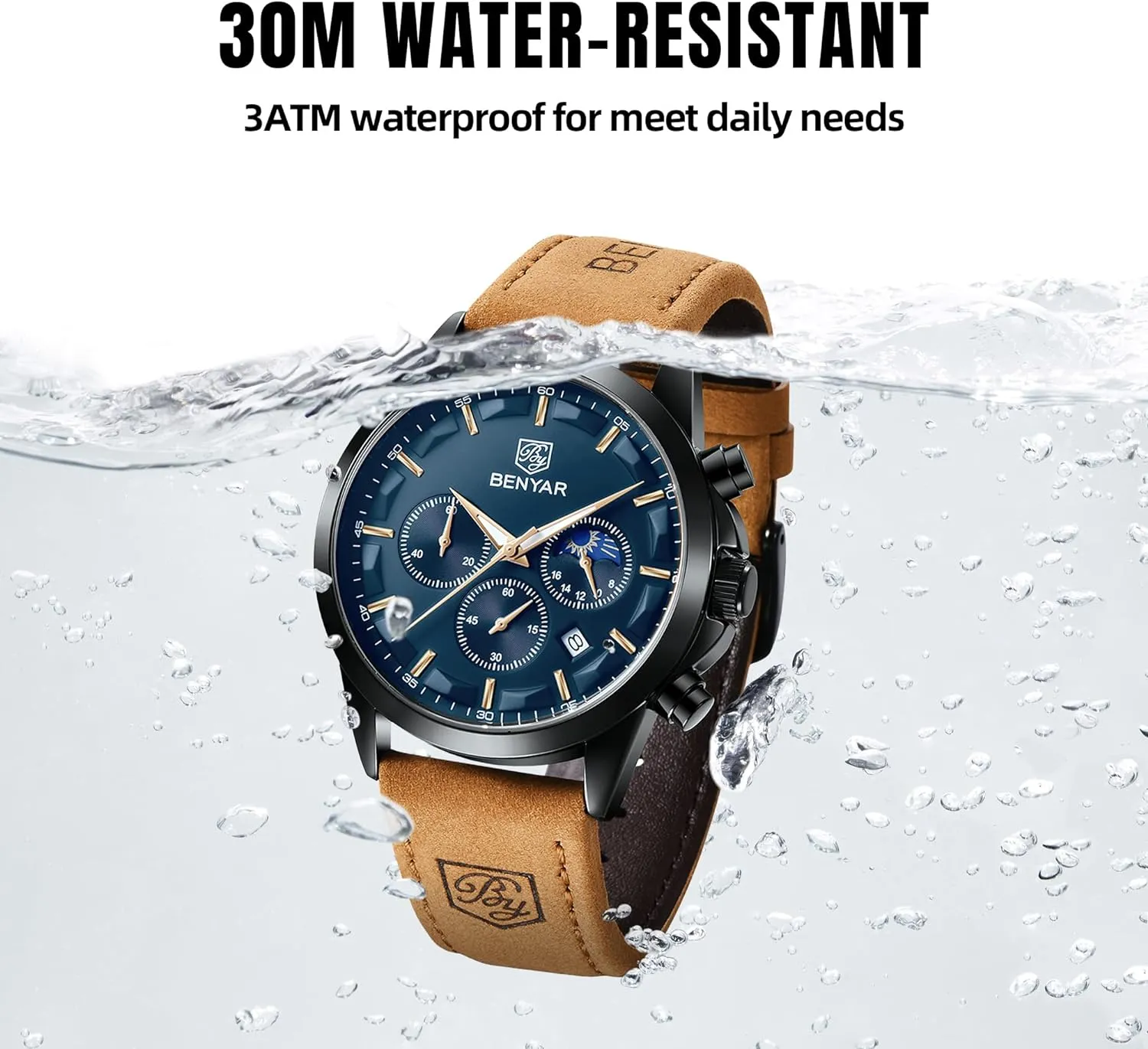 BY BENYAR Mens Watches Analog Quartz Chronograph Waterproof Wrist Watches for Men Fashion Business Work Casual Sport Designer Dress Watch with Calendar Elegant Gifts for Men