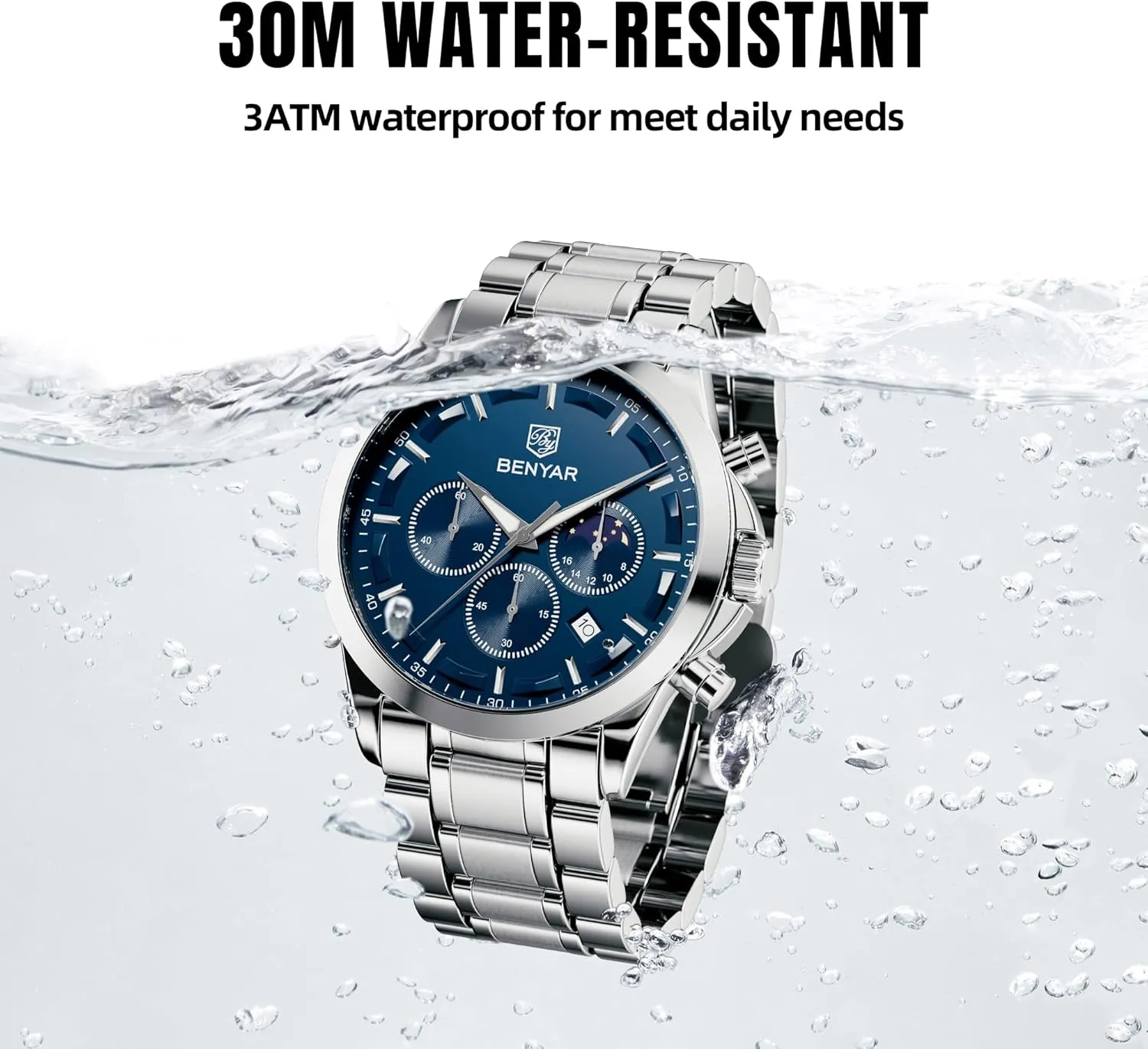 BY BENYAR Mens Watches Analog Quartz Chronograph Waterproof Wrist Watches for Men Fashion Business Work Casual Sport Designer Dress Watch with Calendar Elegant Gifts for Men