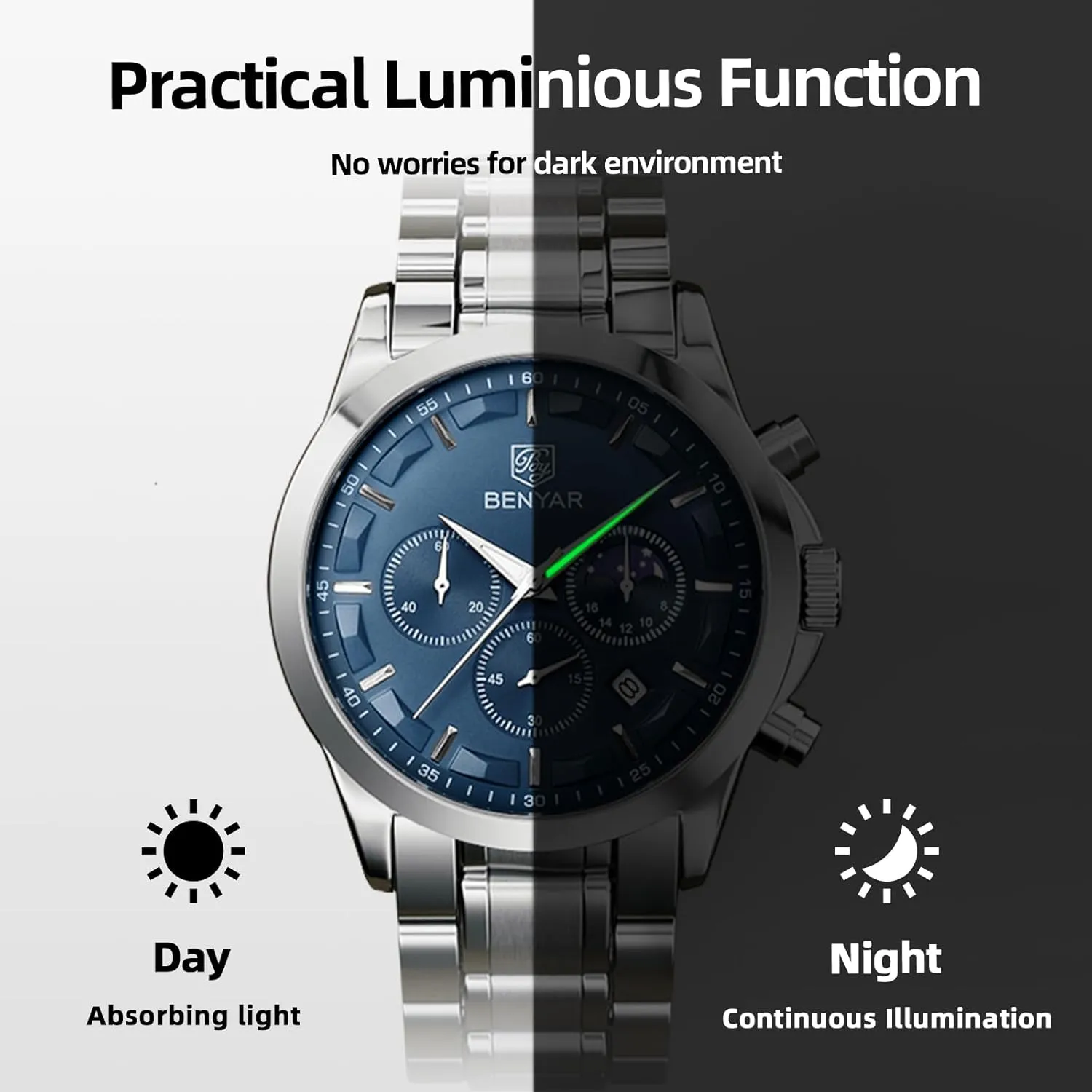 BY BENYAR Mens Watches Analog Quartz Chronograph Waterproof Wrist Watches for Men Fashion Business Work Casual Sport Designer Dress Watch with Calendar Elegant Gifts for Men