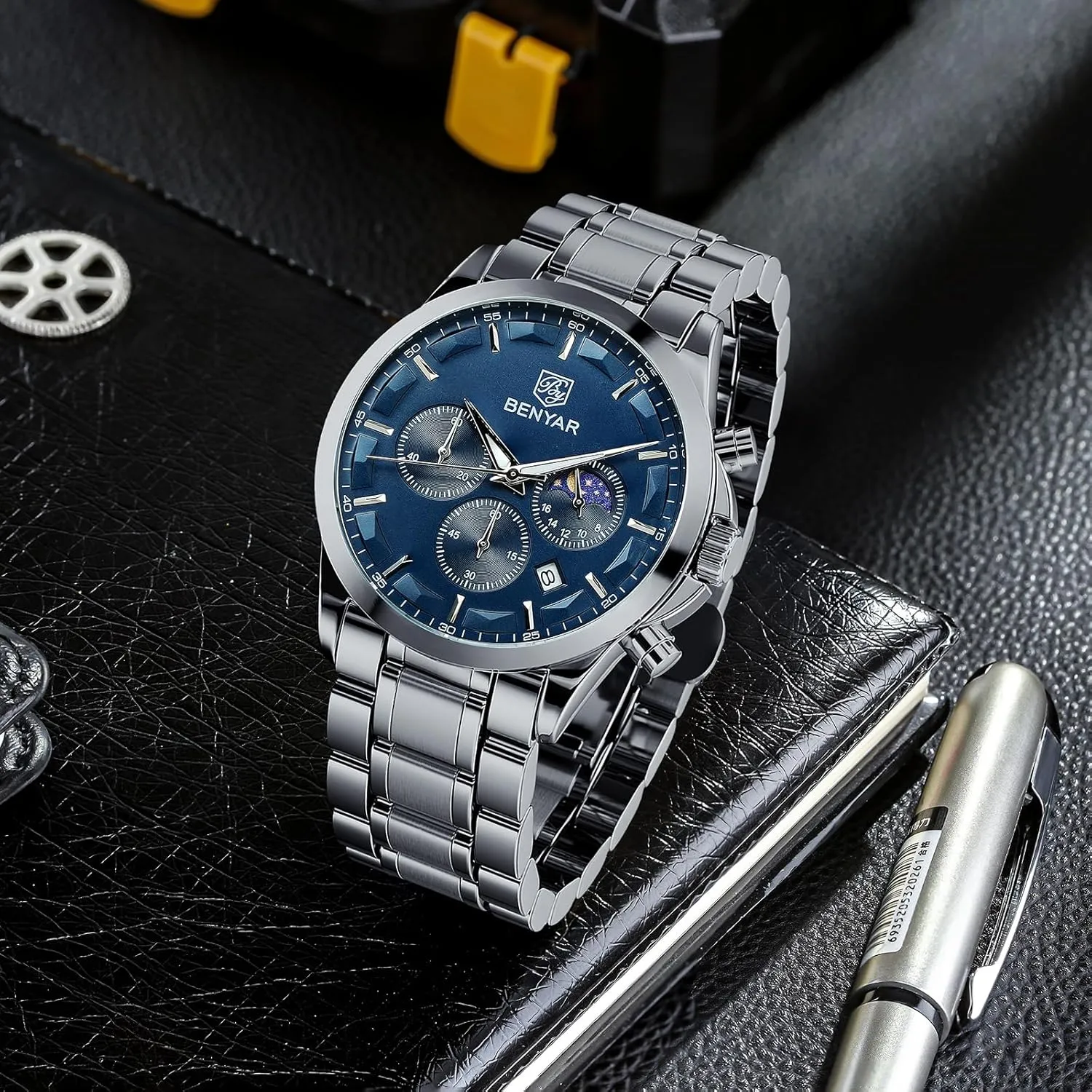 BY BENYAR Mens Watches Analog Quartz Chronograph Waterproof Wrist Watches for Men Fashion Business Work Casual Sport Designer Dress Watch with Calendar Elegant Gifts for Men