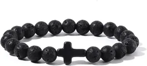 Caiyao 8MM Ornament Lava Volcanic Stone Beads Turquoise Cross Elastic Stretch Bracelet Religion Bangle for Women Men