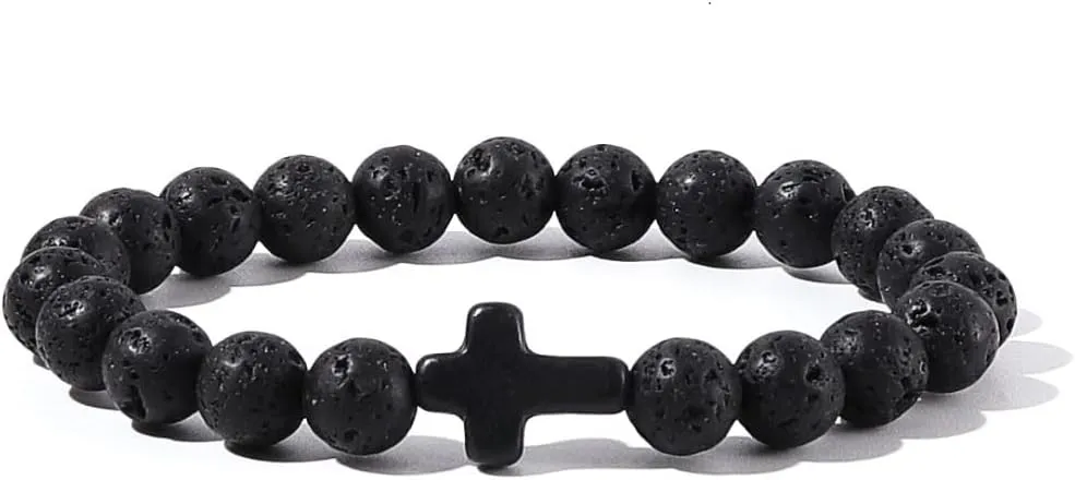 Caiyao 8MM Ornament Lava Volcanic Stone Beads Turquoise Cross Elastic Stretch Bracelet Religion Bangle for Women Men