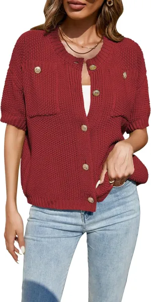 Cakulo Womens Short Sleeve Sweater Vest Button Down Cardigans Chunky Knit Sweaters Tops