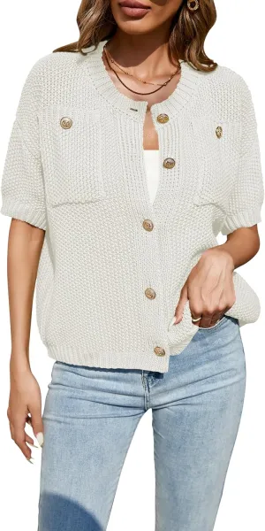 Cakulo Womens Short Sleeve Sweater Vest Button Down Cardigans Chunky Knit Sweaters Tops