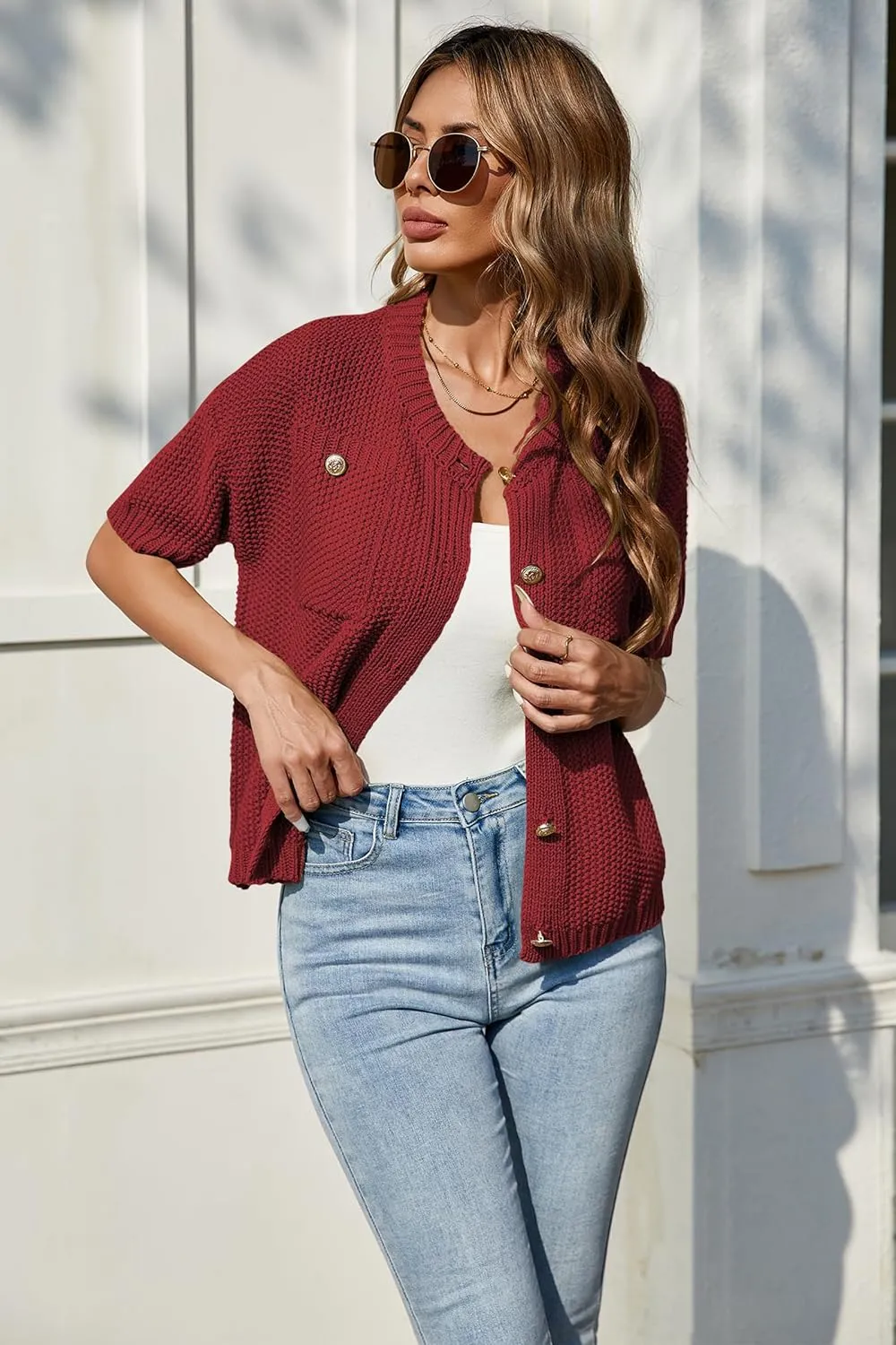 Cakulo Womens Short Sleeve Sweater Vest Button Down Cardigans Chunky Knit Sweaters Tops