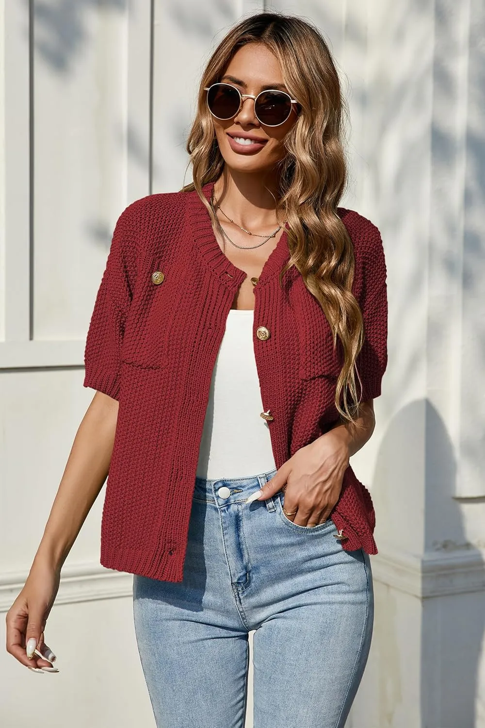 Cakulo Womens Short Sleeve Sweater Vest Button Down Cardigans Chunky Knit Sweaters Tops