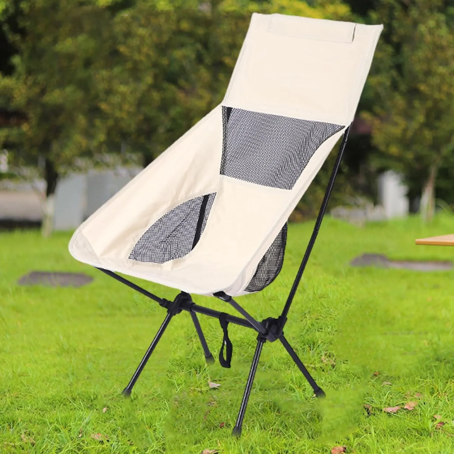 Camping Chair Portable Outdoor Folding Chair Lawn Chair Camping Folding Chair Heavy Duty Camping Backpacking Beach Picnic Fishing Collapsible Stool Seat Steel Frame Sports Chair Beige