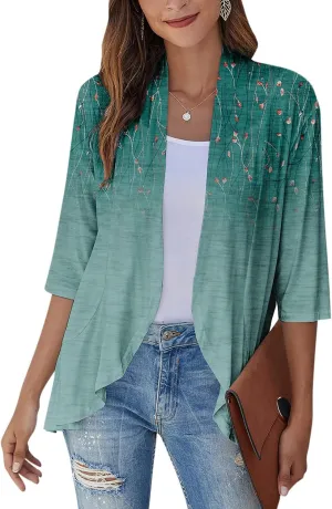 Cardigan for Women Draped Ruffles Printed Casual Tops 3/4 Sleeves Lightweight Open Front Shirts