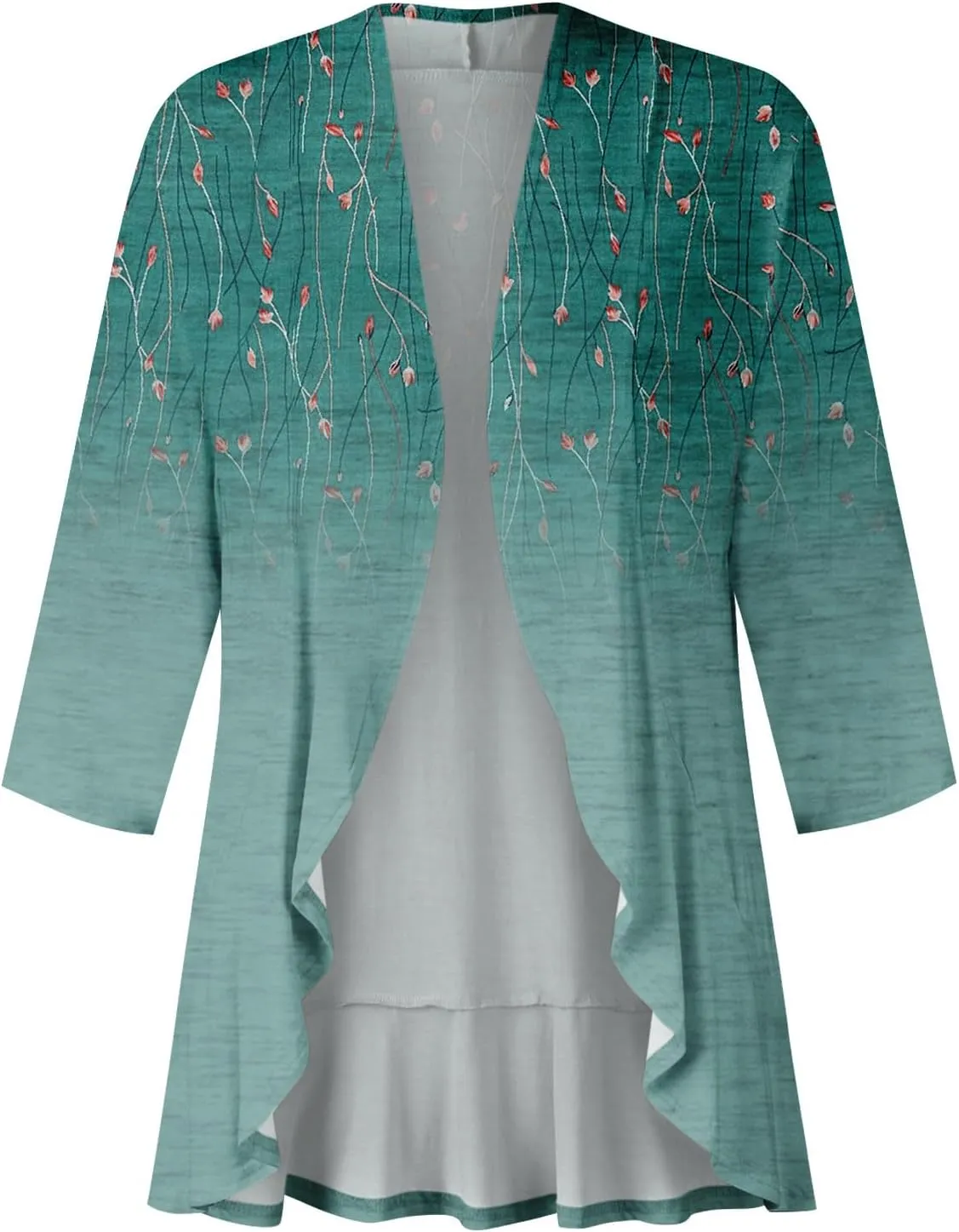 Cardigan for Women Draped Ruffles Printed Casual Tops 3/4 Sleeves Lightweight Open Front Shirts