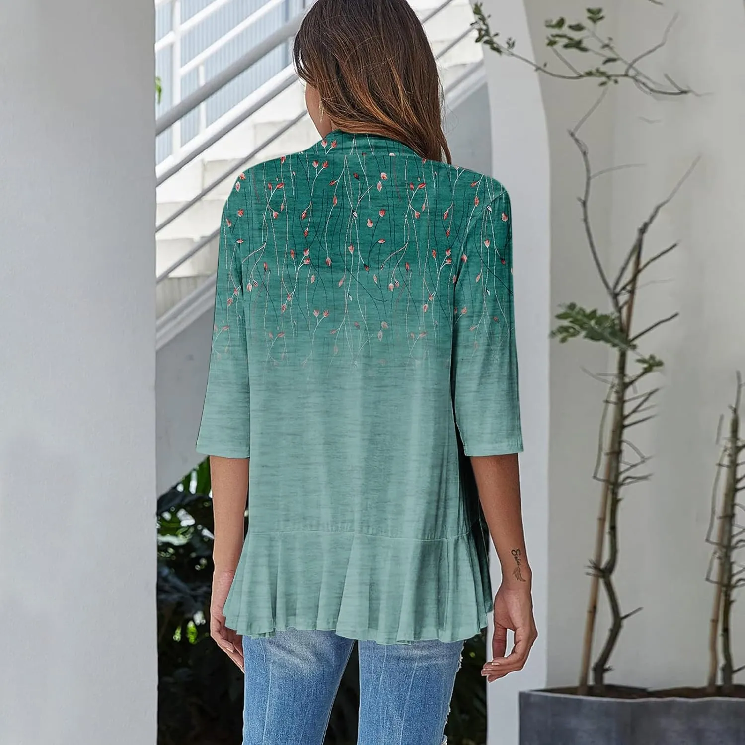 Cardigan for Women Draped Ruffles Printed Casual Tops 3/4 Sleeves Lightweight Open Front Shirts